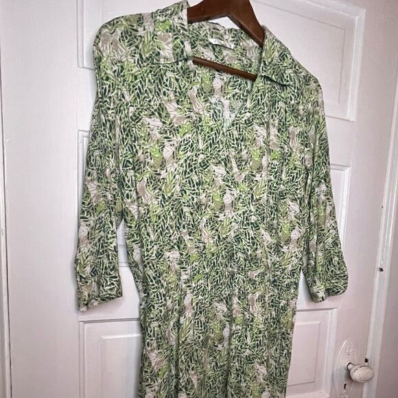 Cabi Womens Green Leaf Print 3/4 Sleeve V Neck Faux Wrap Dress - Picture 8 of 11